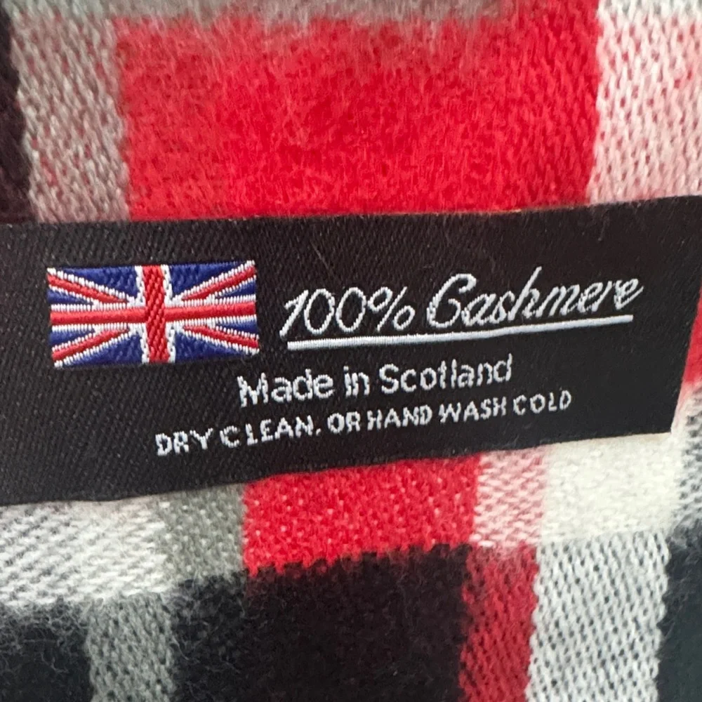 100% Cashmere Scarf – Made in Scotland, Red & Black Geometric Check (68” x 12”)